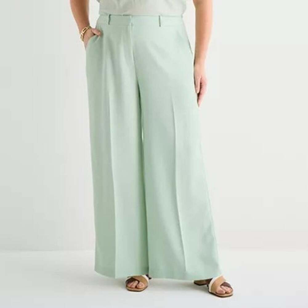 Liz Claiborne 16W Pants Wide Leg Trouser Lime Green Woven Cotton Mid Rise